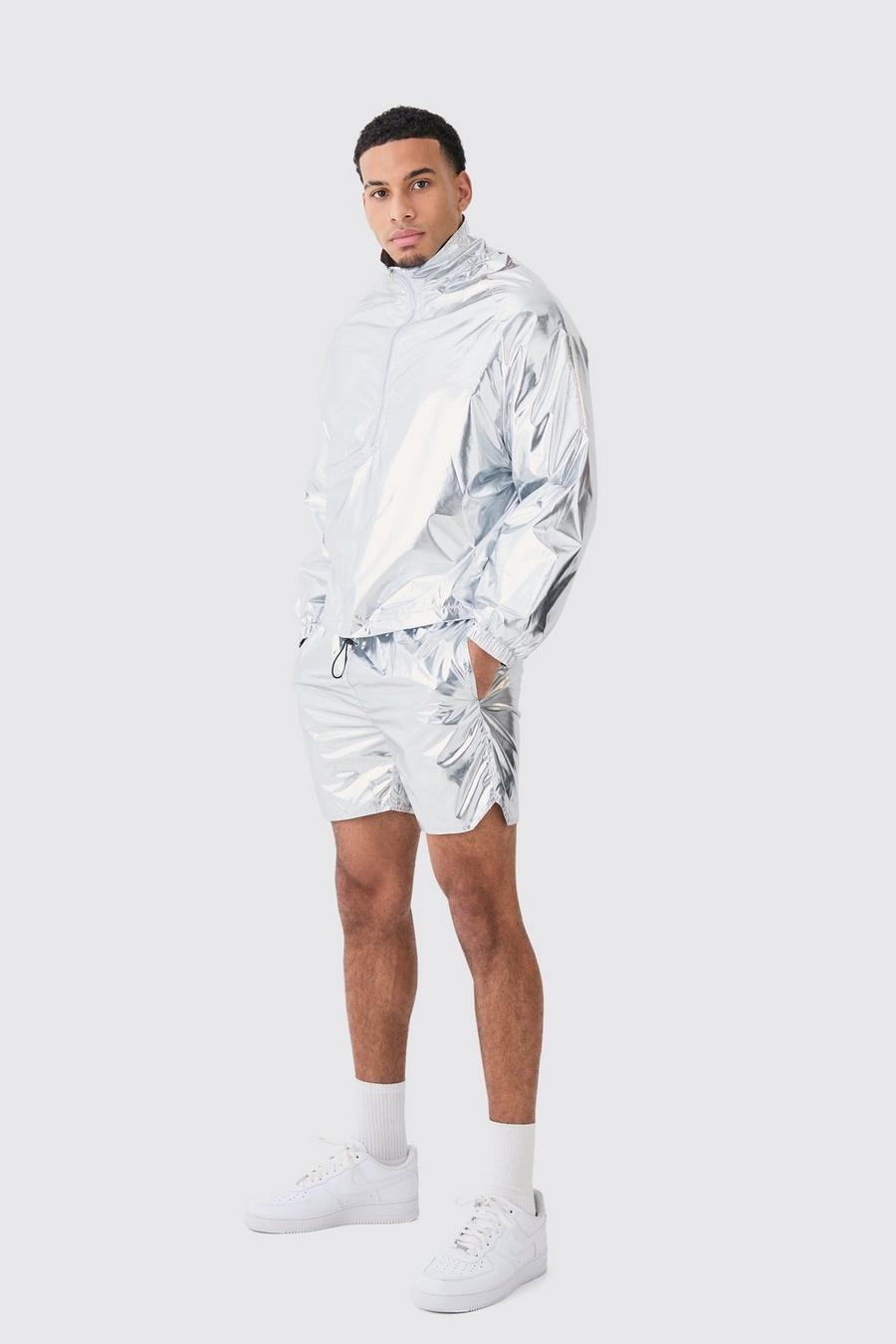 Silver Boxy Funnel Neck Cagoule And Short Metallic Set image number 1