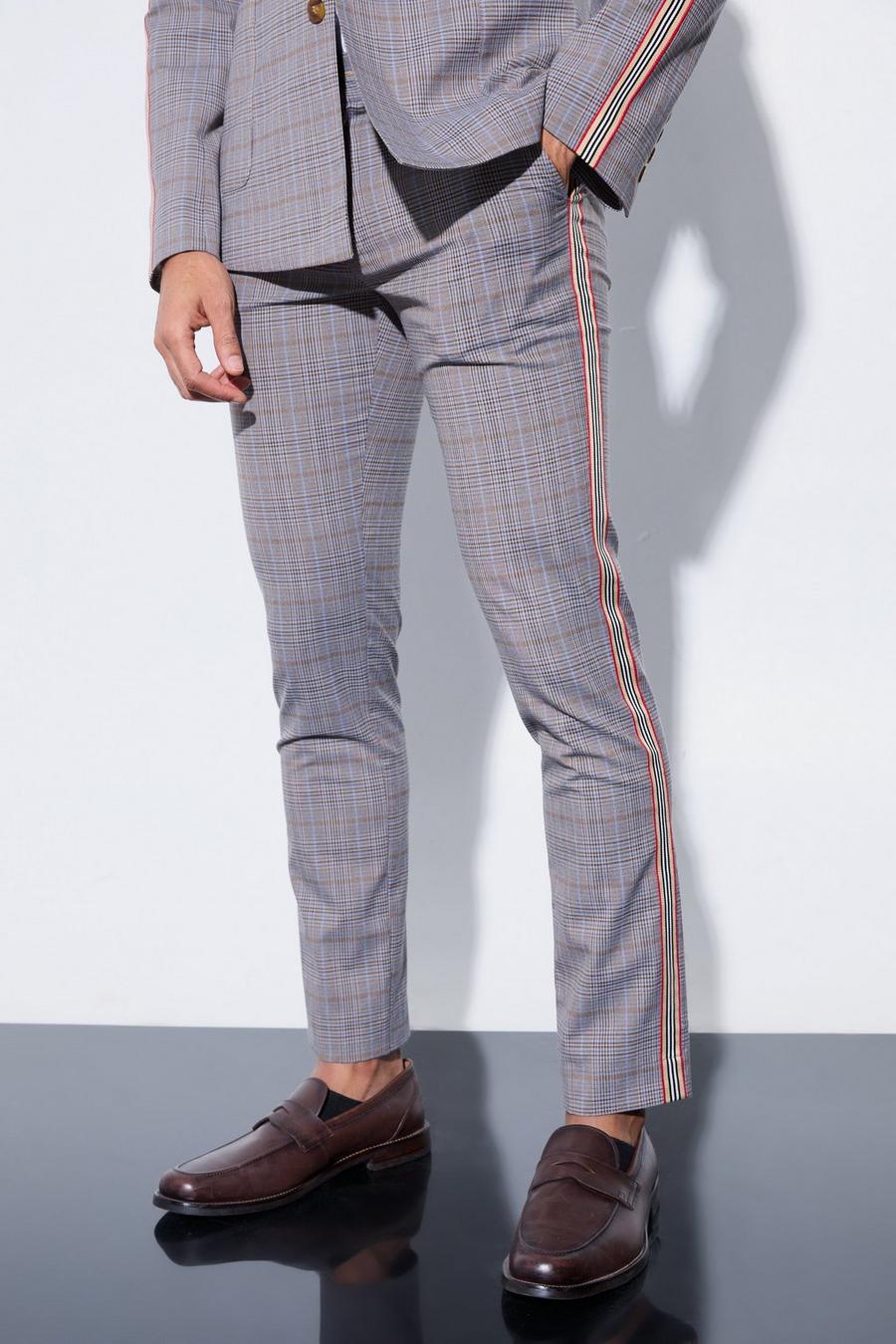 Pantalón entallado pitillo con cintura fija y estampado de cuadros, Grey image number 1