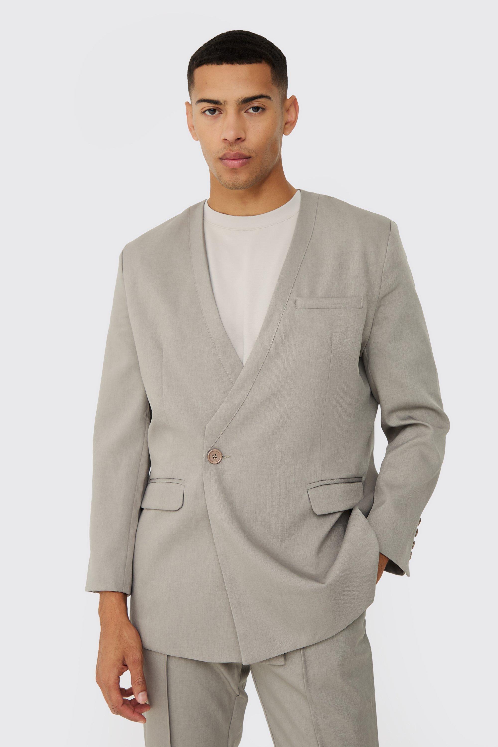 Grey Collarless Straight Blazer