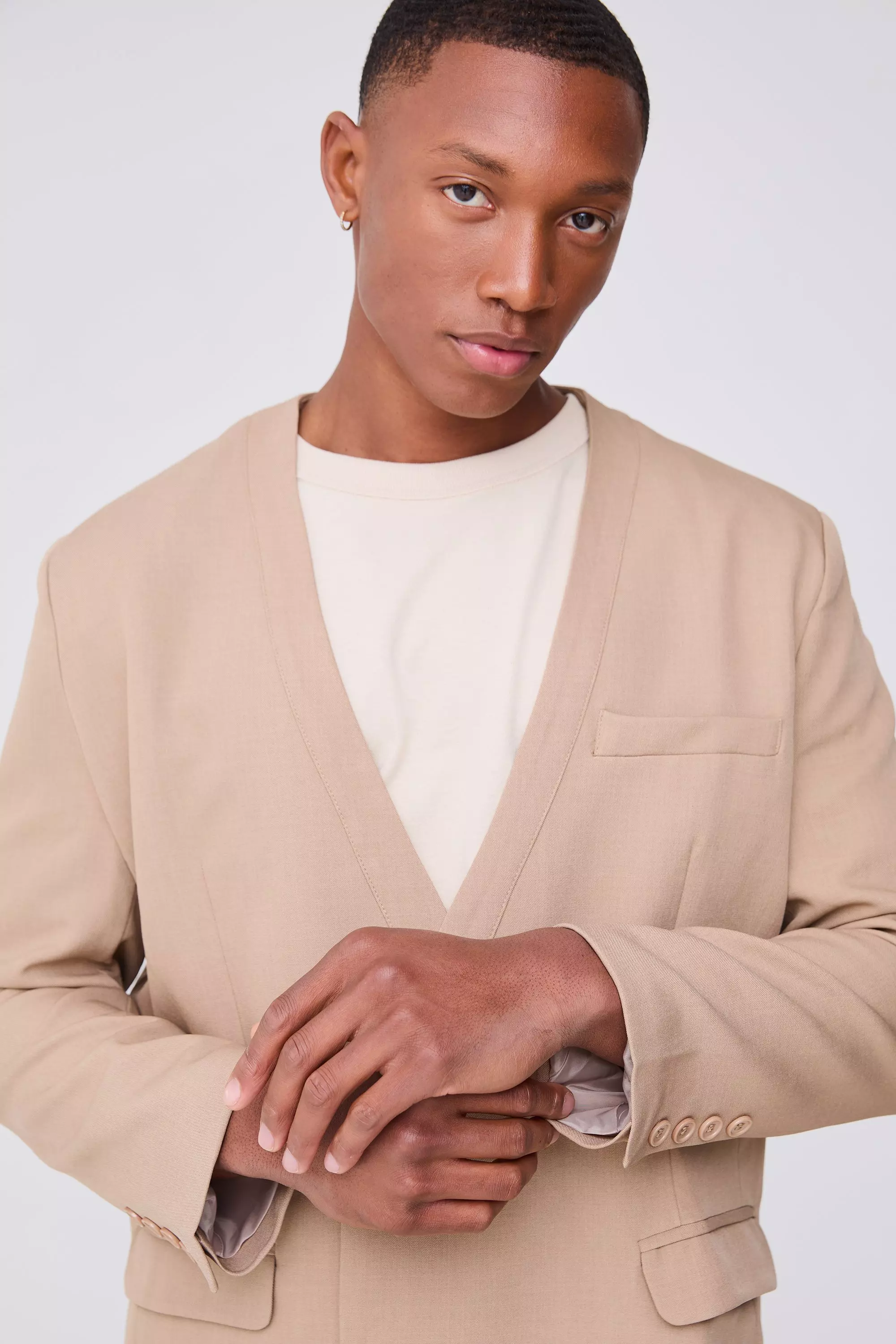 Taupe Collarless Straight Blazer صورة بديلة