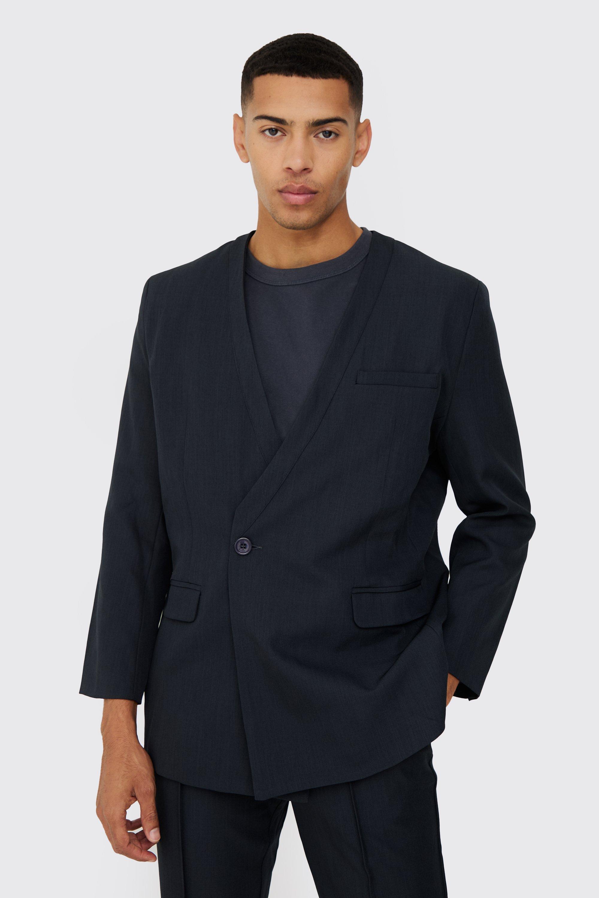 Navy Collarless Straight Blazer