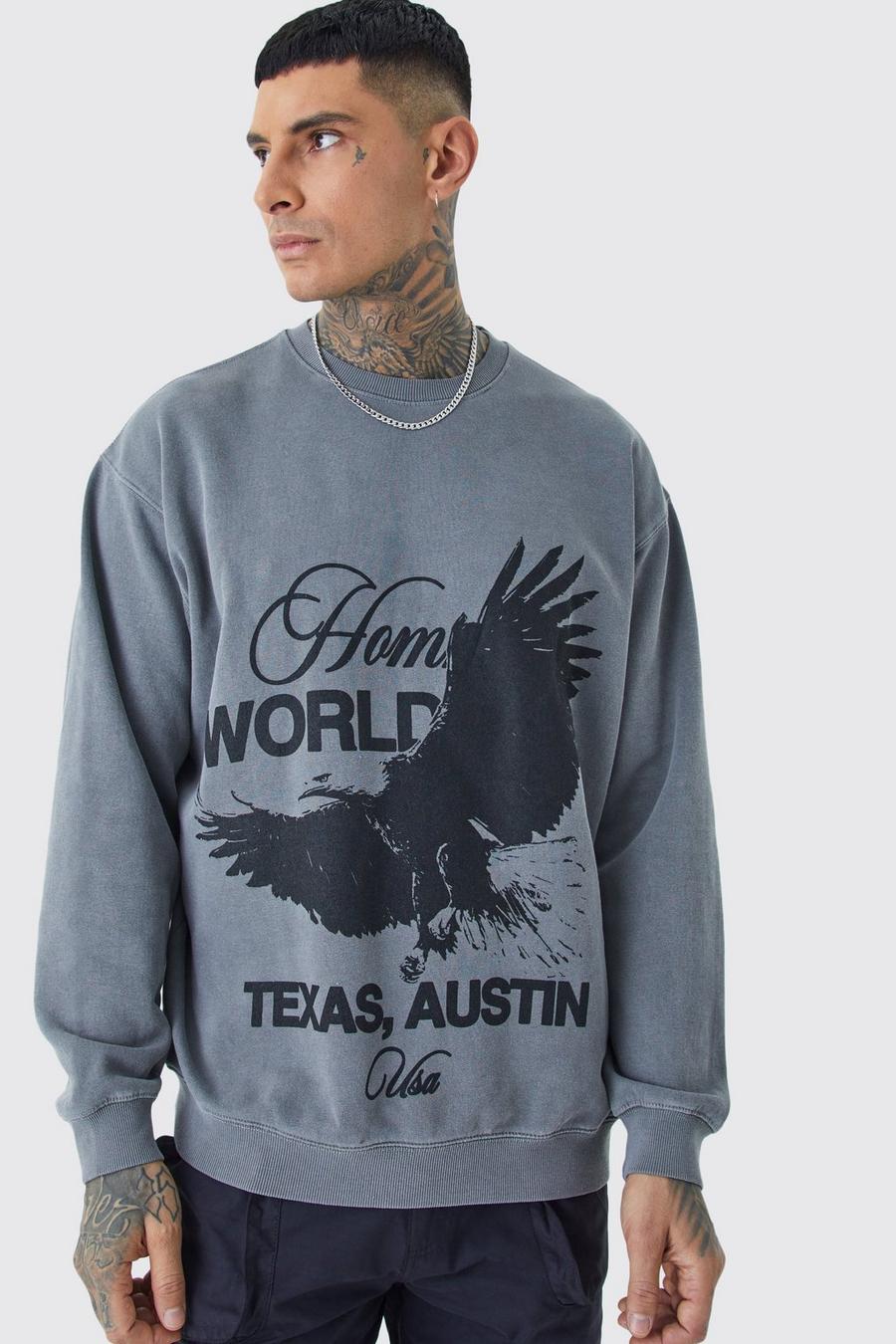 Grey Tall Oversized Overdyed Homme Bird Print Graphic Sweatshirt image number 1