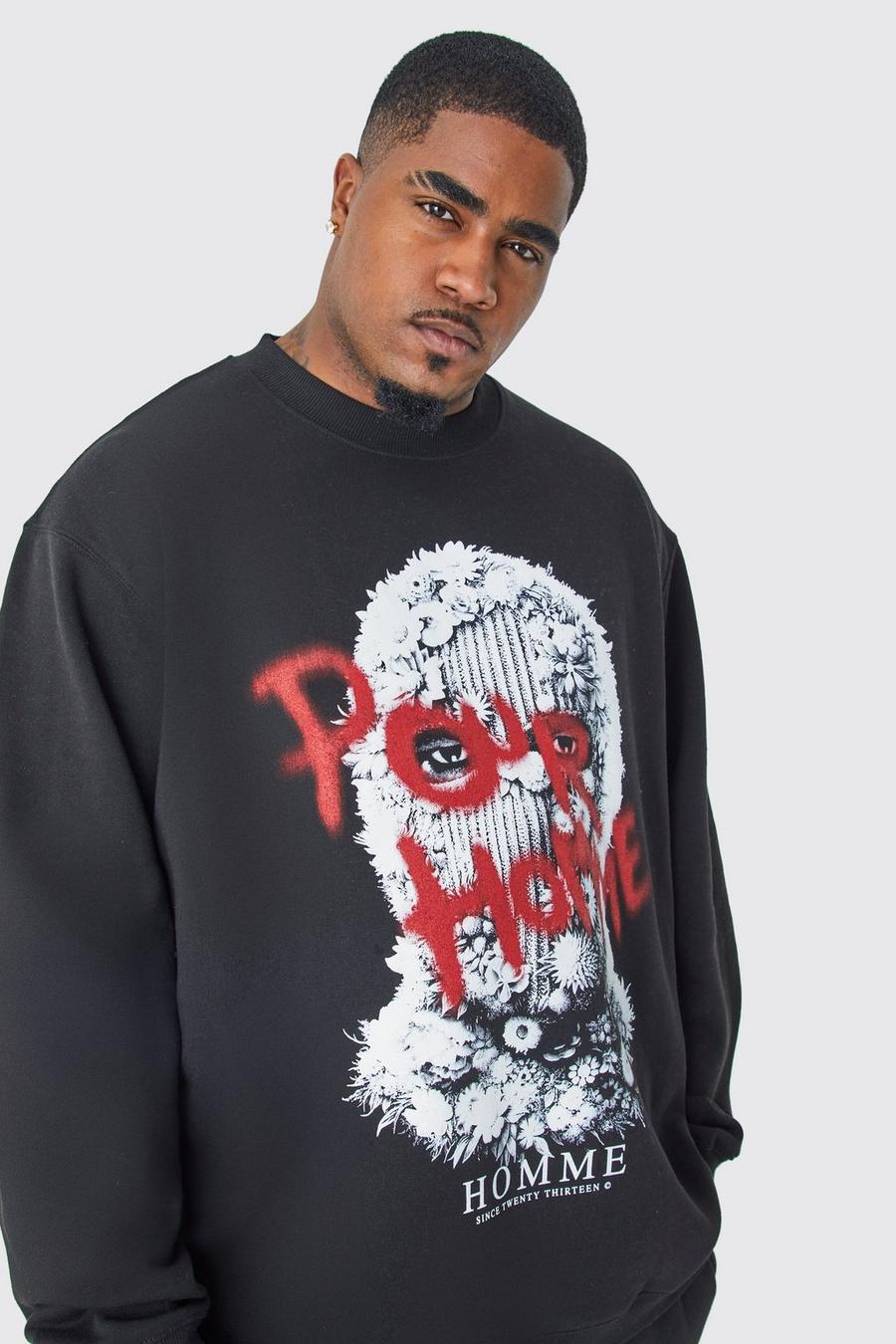 Black Plus Oversized Homme Balaclava Print Graphic Sweatshirt image number 1