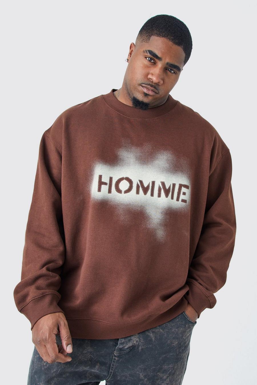 Plus Oversize Sweatshirt mit Homme-Print, Chocolate