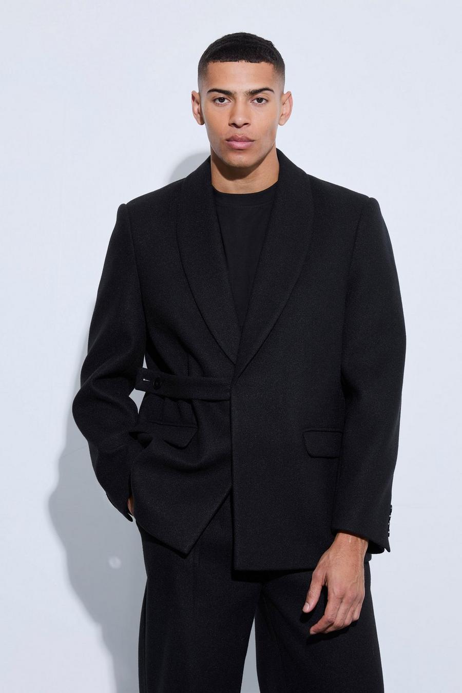 Oversize Blazer aus Wolle mit Träger-Detail, Black image number 1