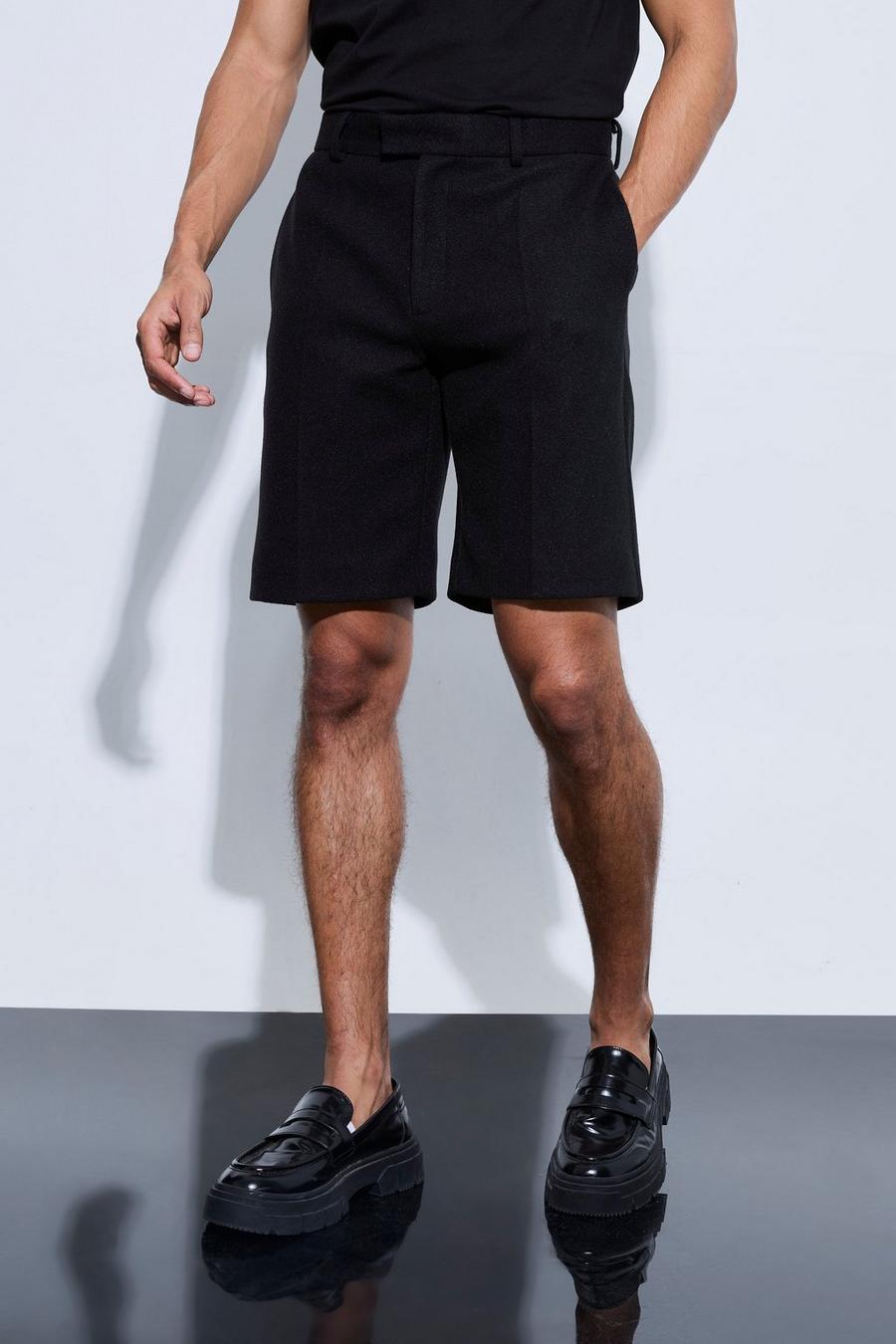 Black Getailleerde Wollen Melton Shorts
