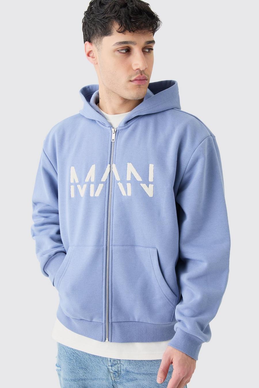 Slate blue MAN Dash Oversize hoodie med dragkedja i teddy image number 1