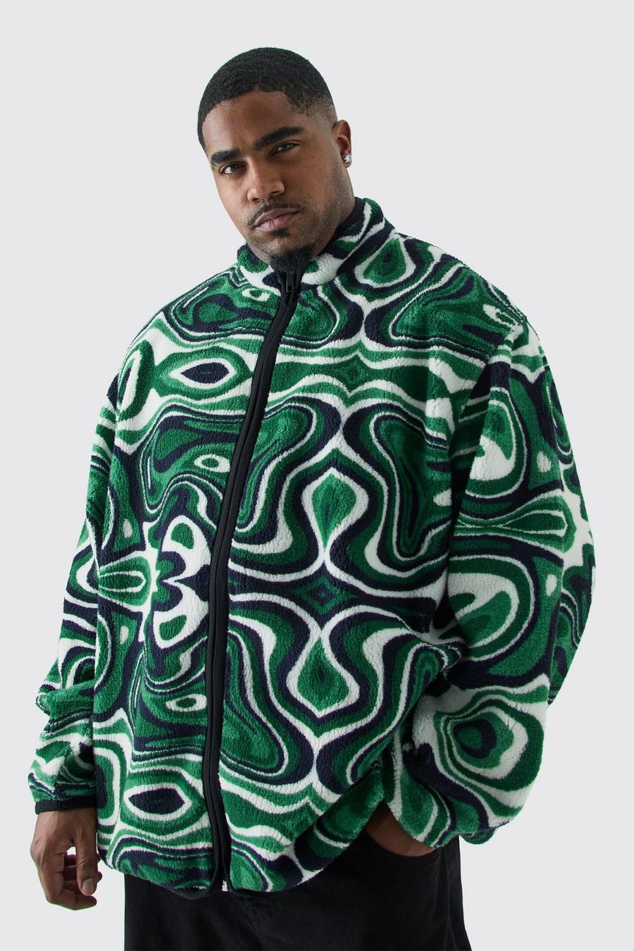 Green Plus Oversized Abstract Print Borg Funnel Neck Jacket image number 1