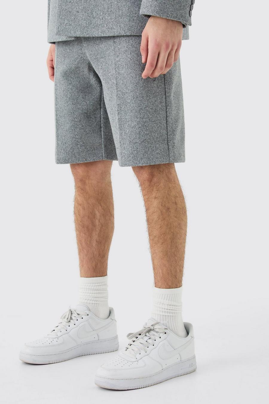 Pantalón corto entallado de melton y lana, Grey
