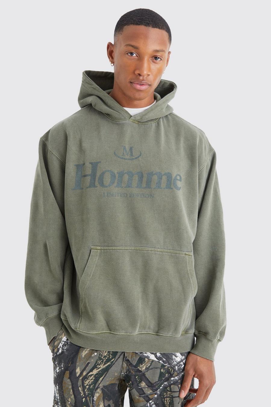 Khaki Homme Oversized hoodie med tryck image number 1