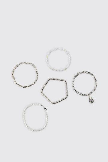 5 Pack Pearl Bracelets silver
