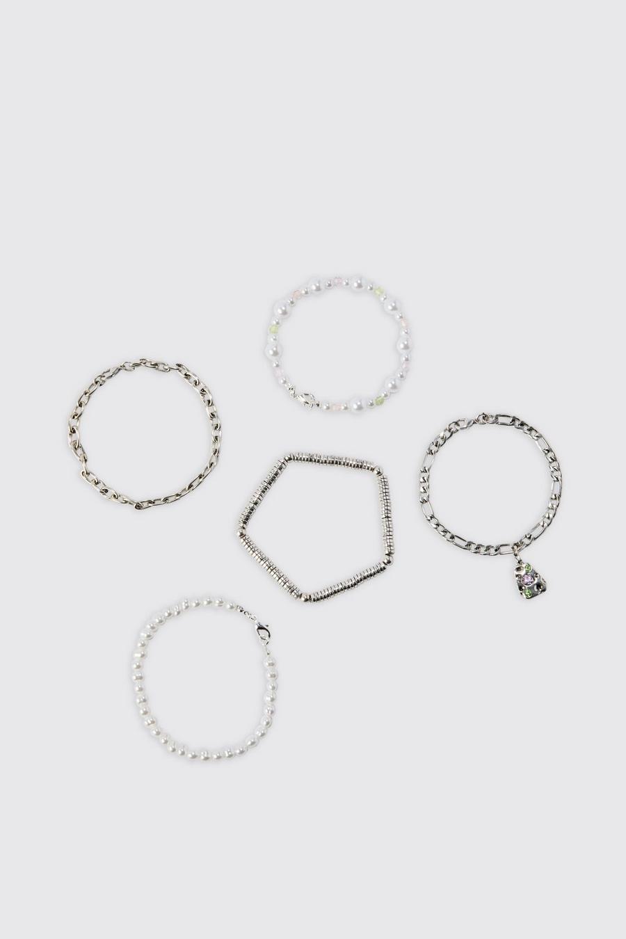 5er-Pack Perlen-Armbänder, Silver