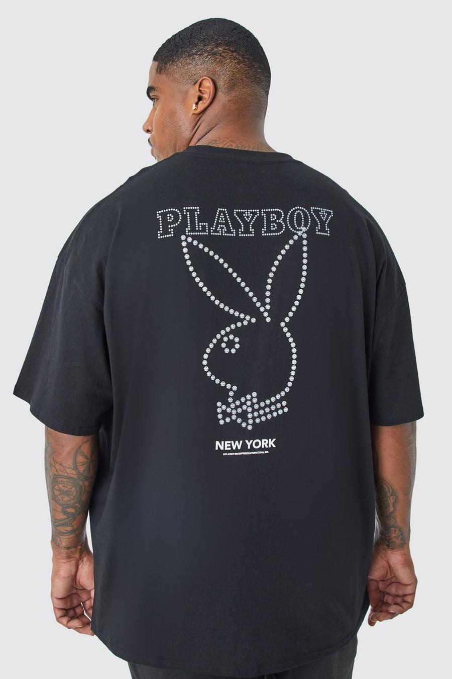 Camiseta Plus con estampado de Playboy e incrustaciones, Black image number 1