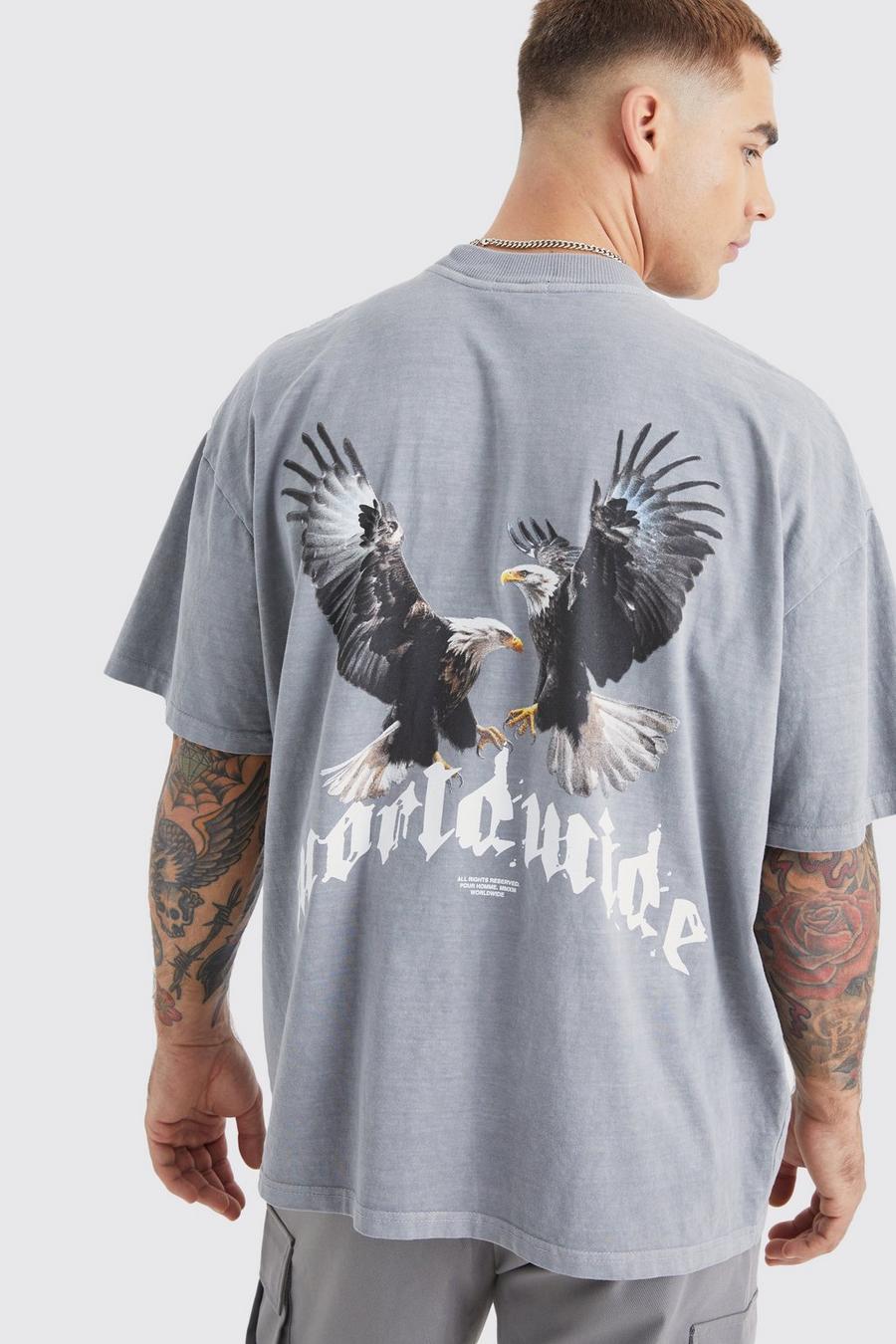 Grey Washed Oversized Extended Neck Eagle Graphic T-shirt