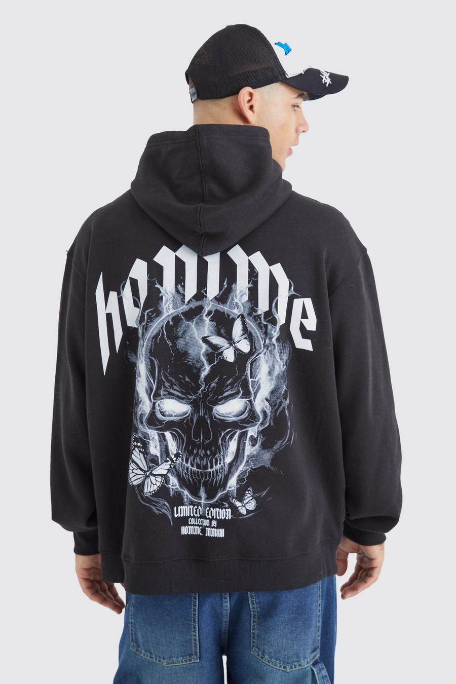 Black Homme Oversize hoodie med dödskalle image number 1