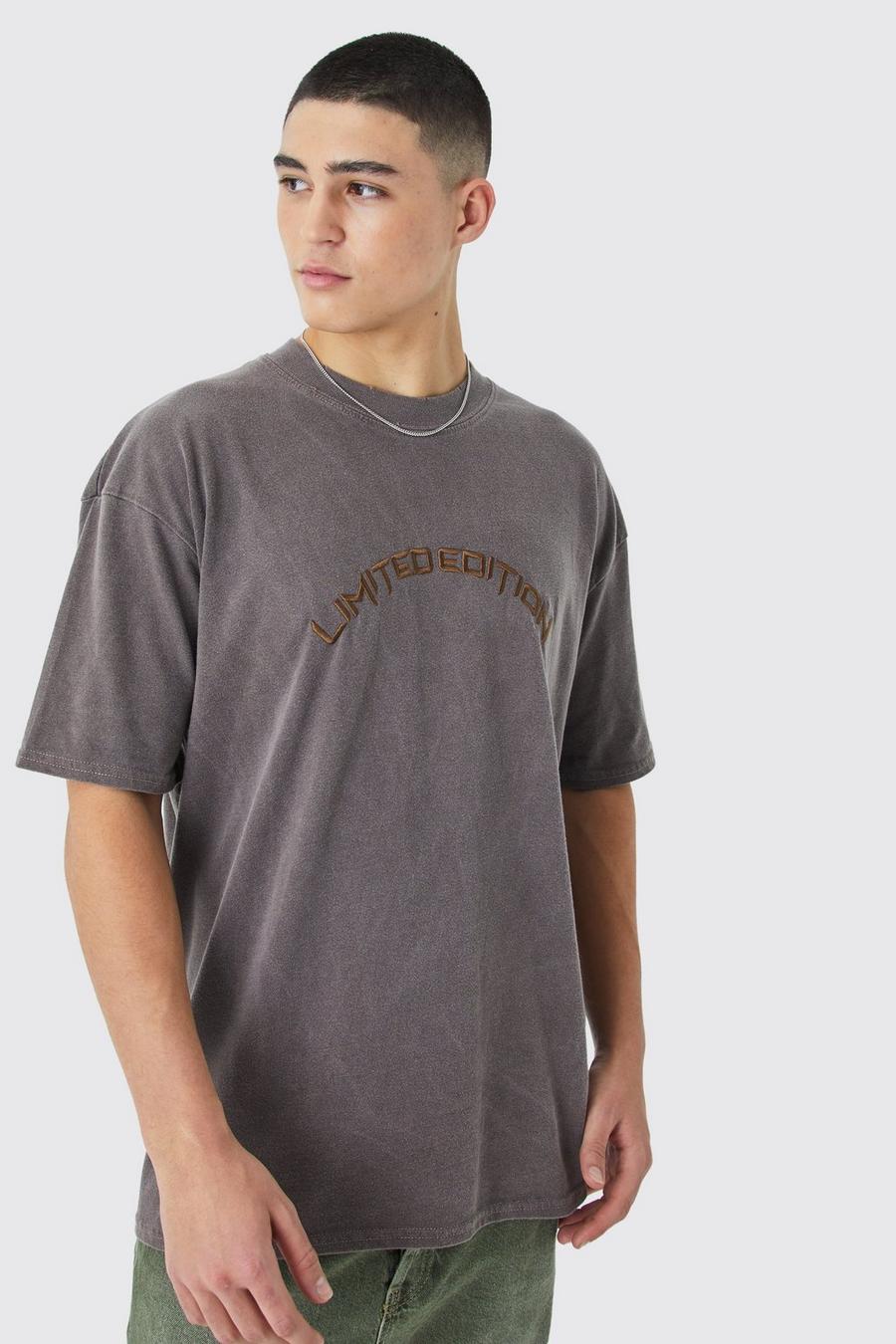 Chocolate Oversized Distressed Washed Embroidered T-shirt image number 1