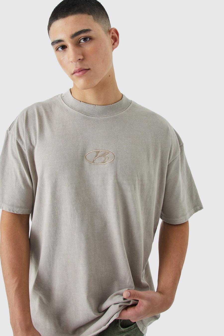 Taupe Oversized Distressed Washed Embroidered T-shirt image number 1
