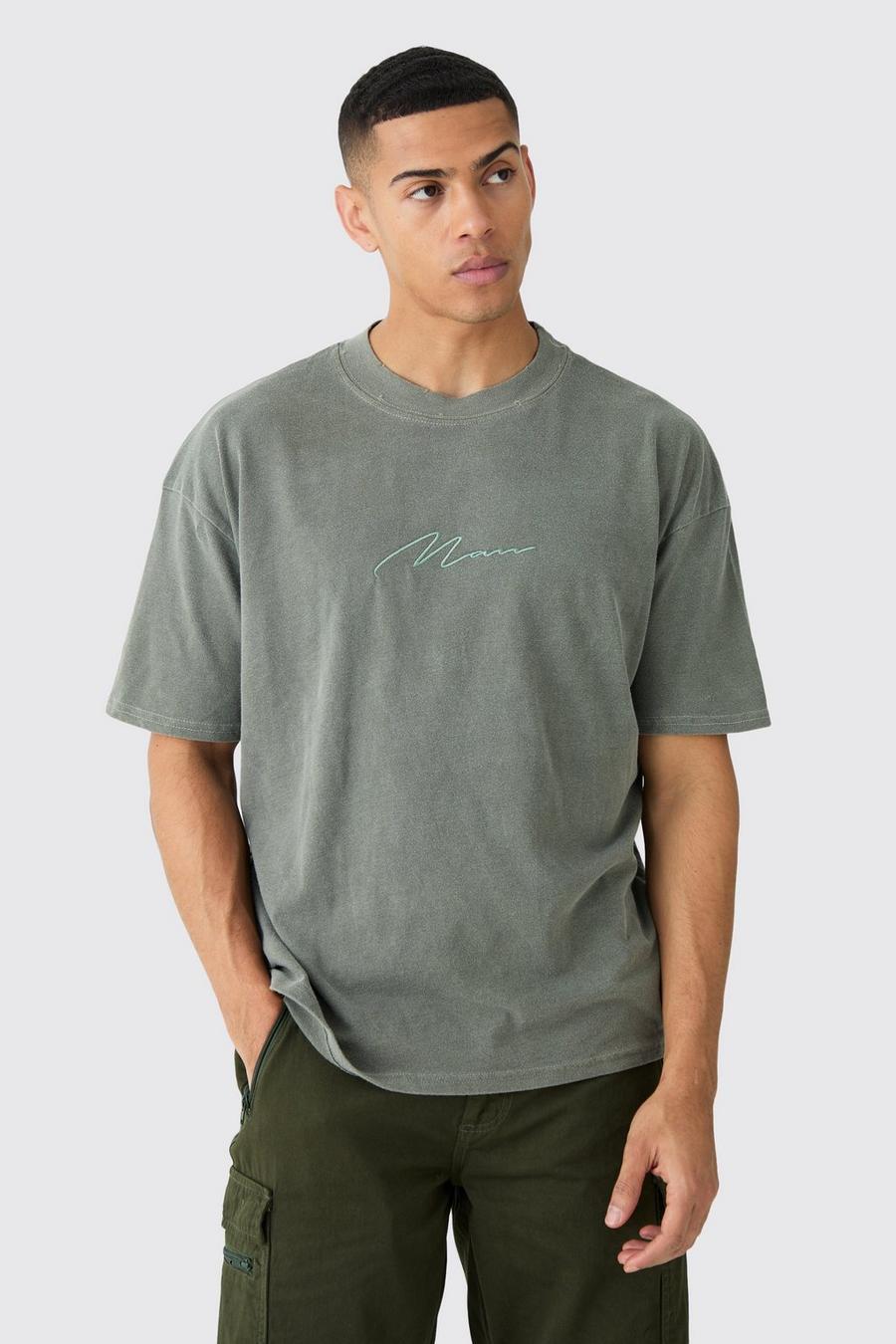 Khaki Oversized Versleten Gebleekt Geborduurd Man T-Shirt
