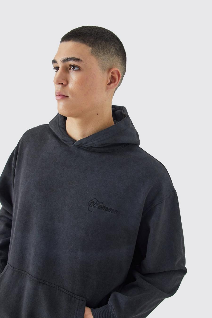 Black Oversized Washed Embroidered Hoodie  image number 1