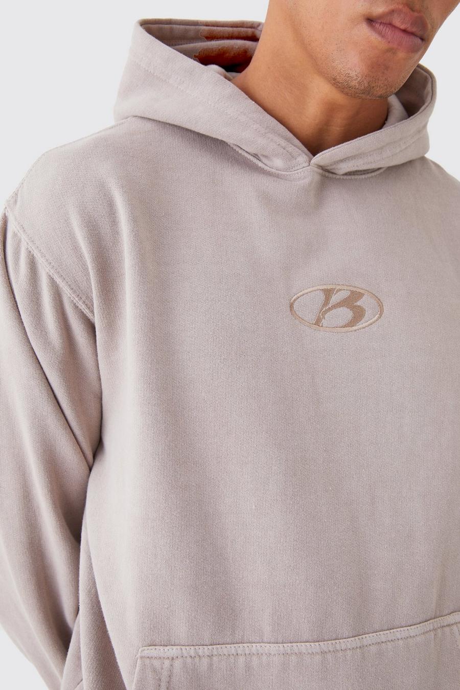 Taupe Oversized Washed Embroidered Hoodie  image number 1