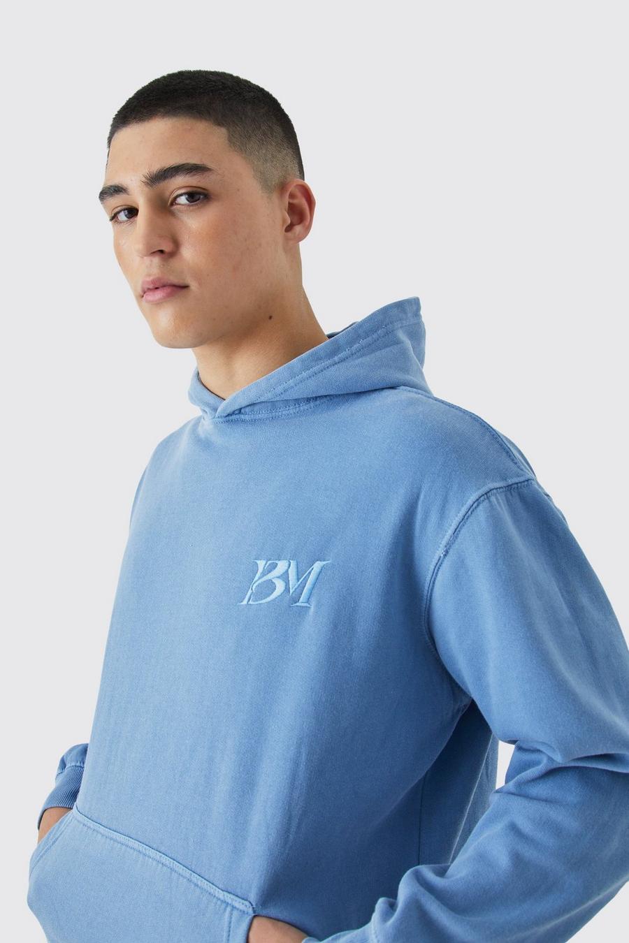 Blue Oversized Washed Embroidered Hoodie  image number 1