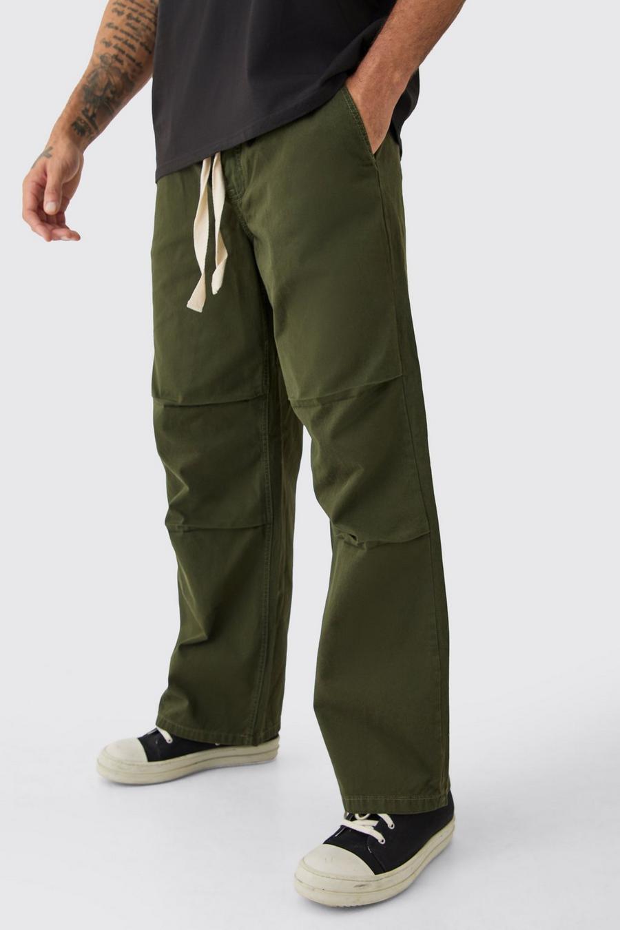 Lockere Hose mit elastischem Bund und Kontrast-Kordelzug, Khaki