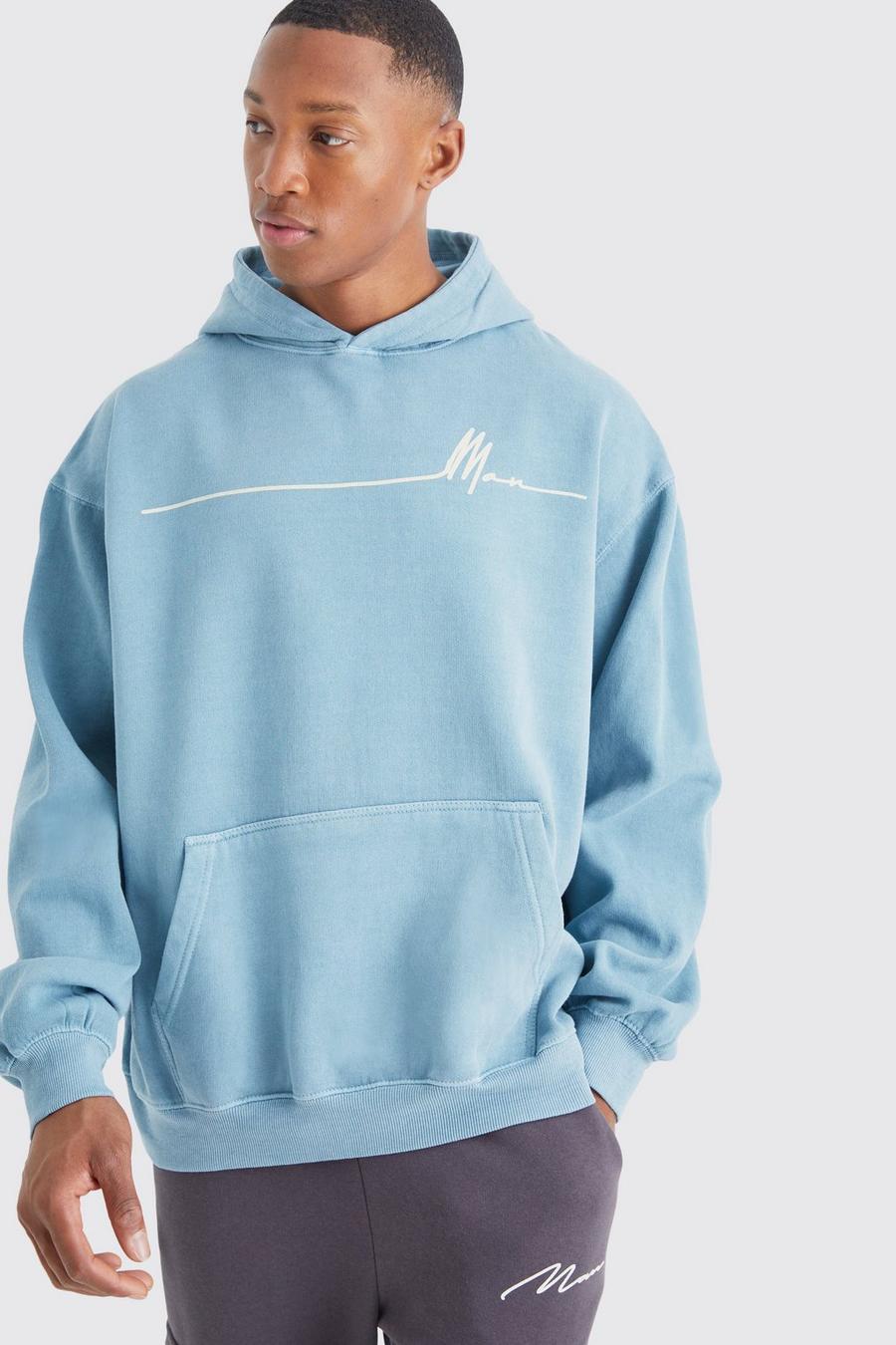 Light blue Oversized Overdye Hoodie Met Print