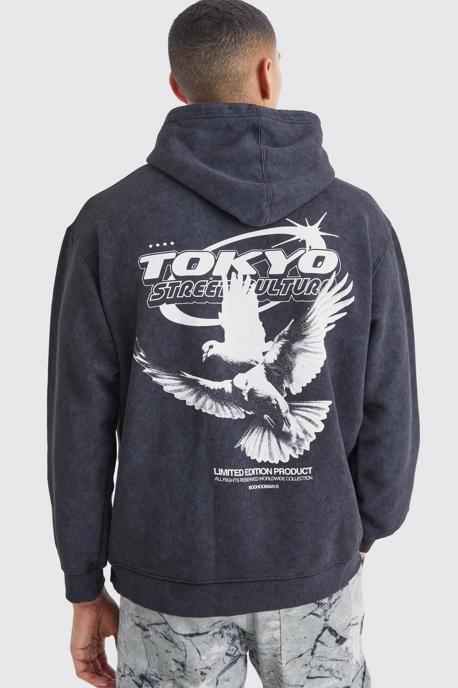 Black Oversized Acid Wash Dove Graphic Hoodie 