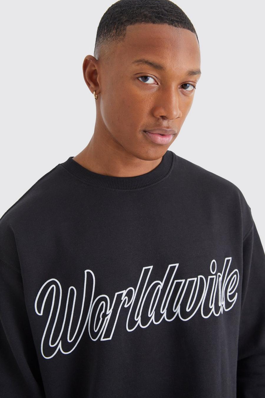 Black Oversized Worldwide Puff Print Sweatshirt image number 1