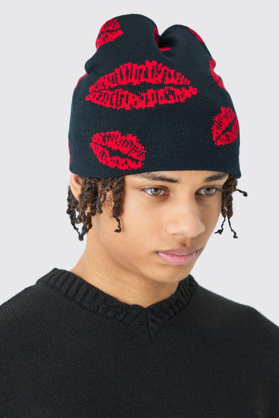 Black Graphic Lips Beanie image number 1