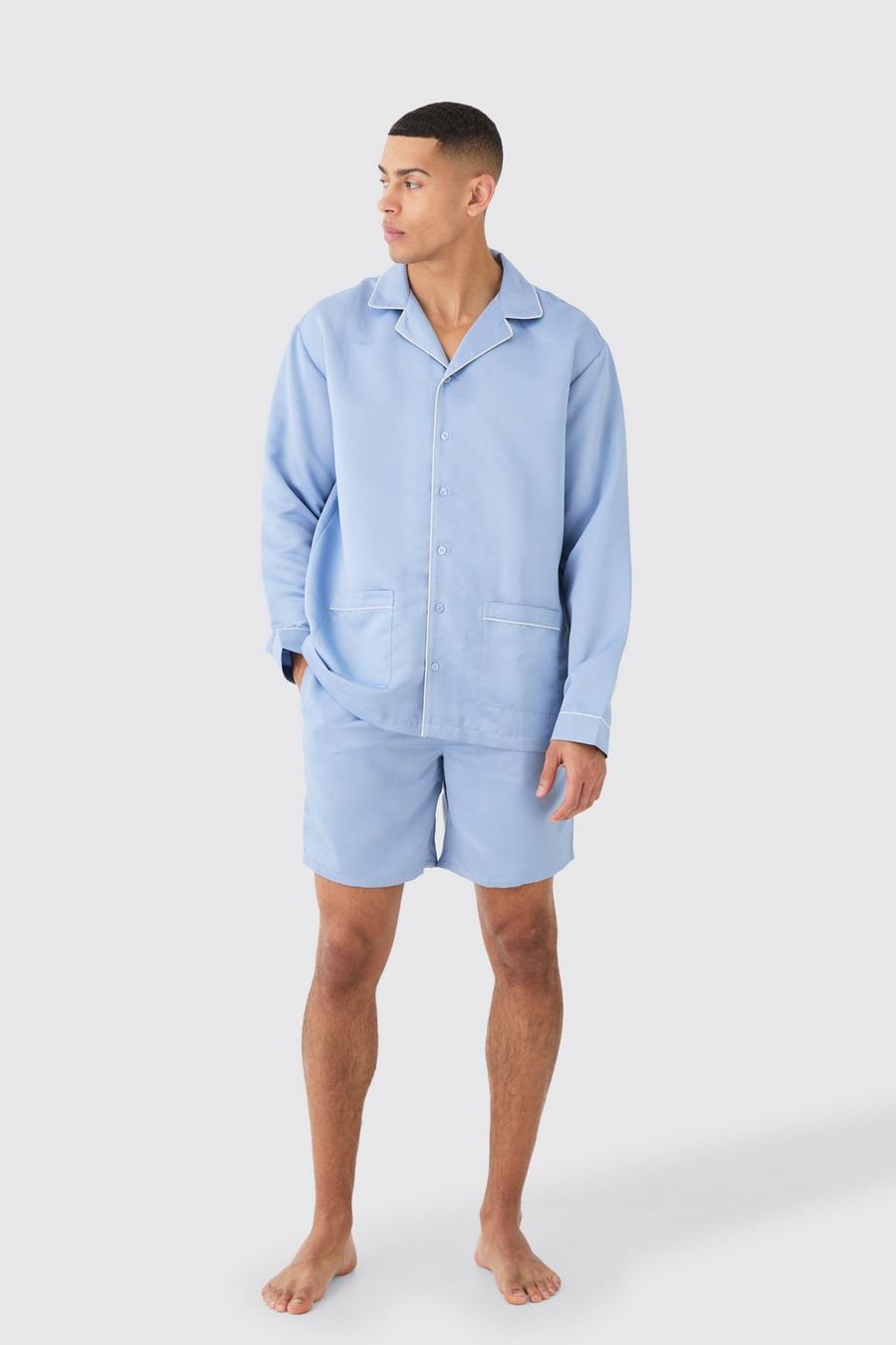 Satin Paspeln Hemd & Loungewear Shorts Set, Blue