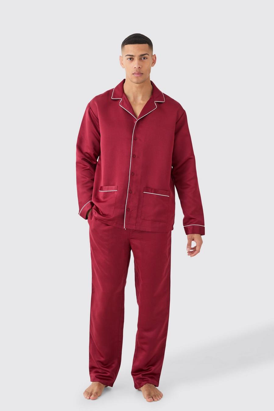 Satin Paspeln Hemd & Loungewear-Hose, Red image number 1