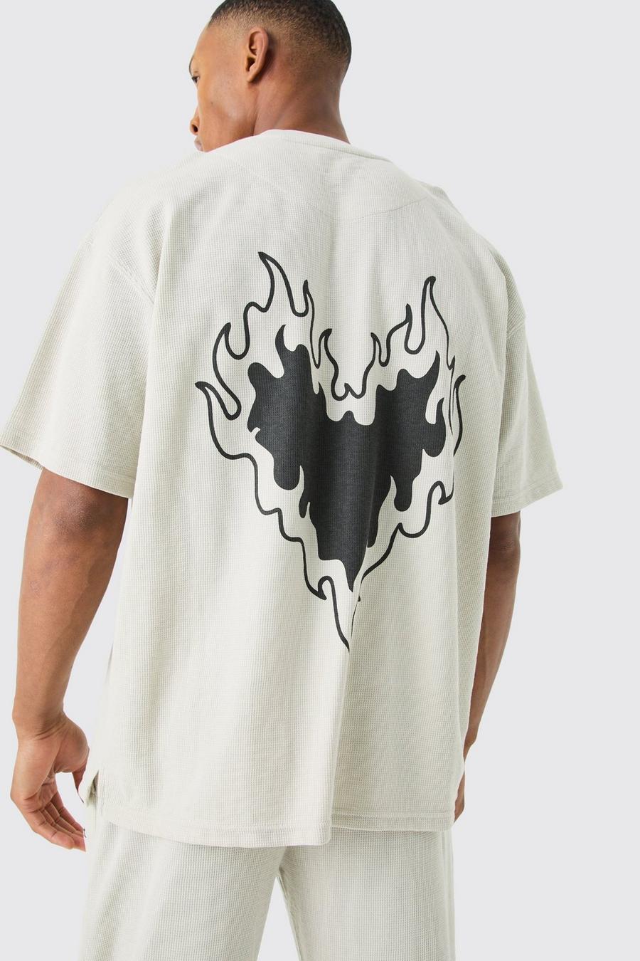 Loungewear T-Shirt und Jogginghose mit Herz-Print in Waffeloptik, Light grey