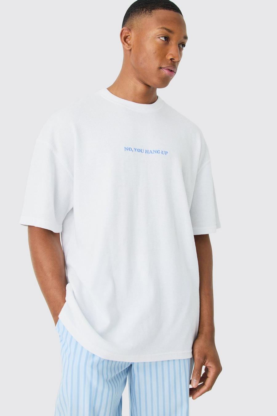 White Wafel Gebreid Lounge T-Shirt Met Tekst image number 1