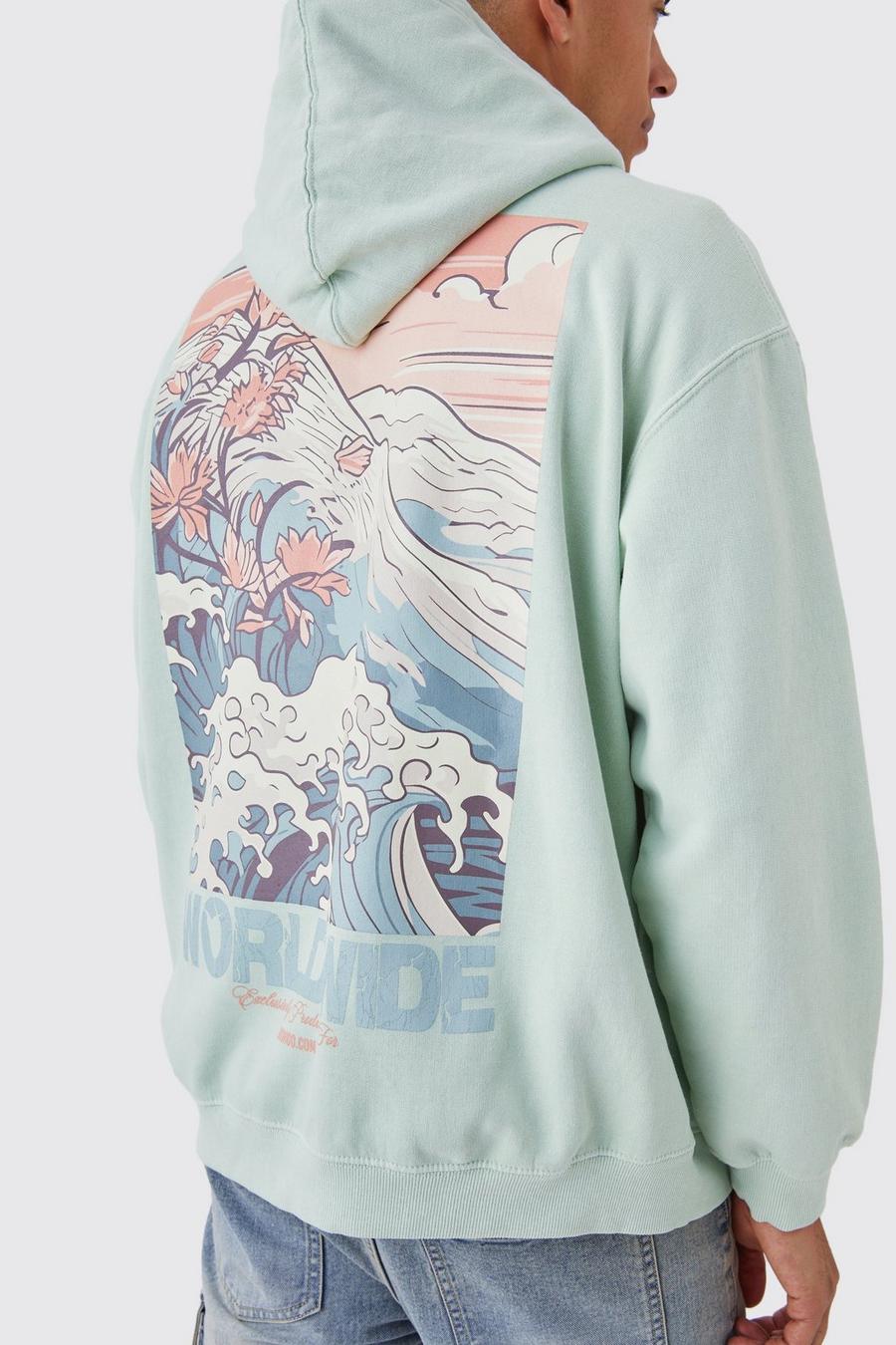 Sage Oversized Overdye Wave Graphic Hoodie image number 1