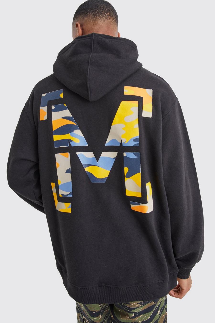Black Oversized M Camo Graphic Hoodie image number 1