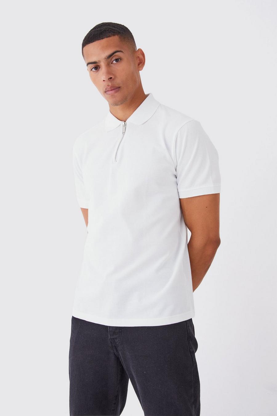Polo Slim Fit in piqué con zip corta, White image number 1