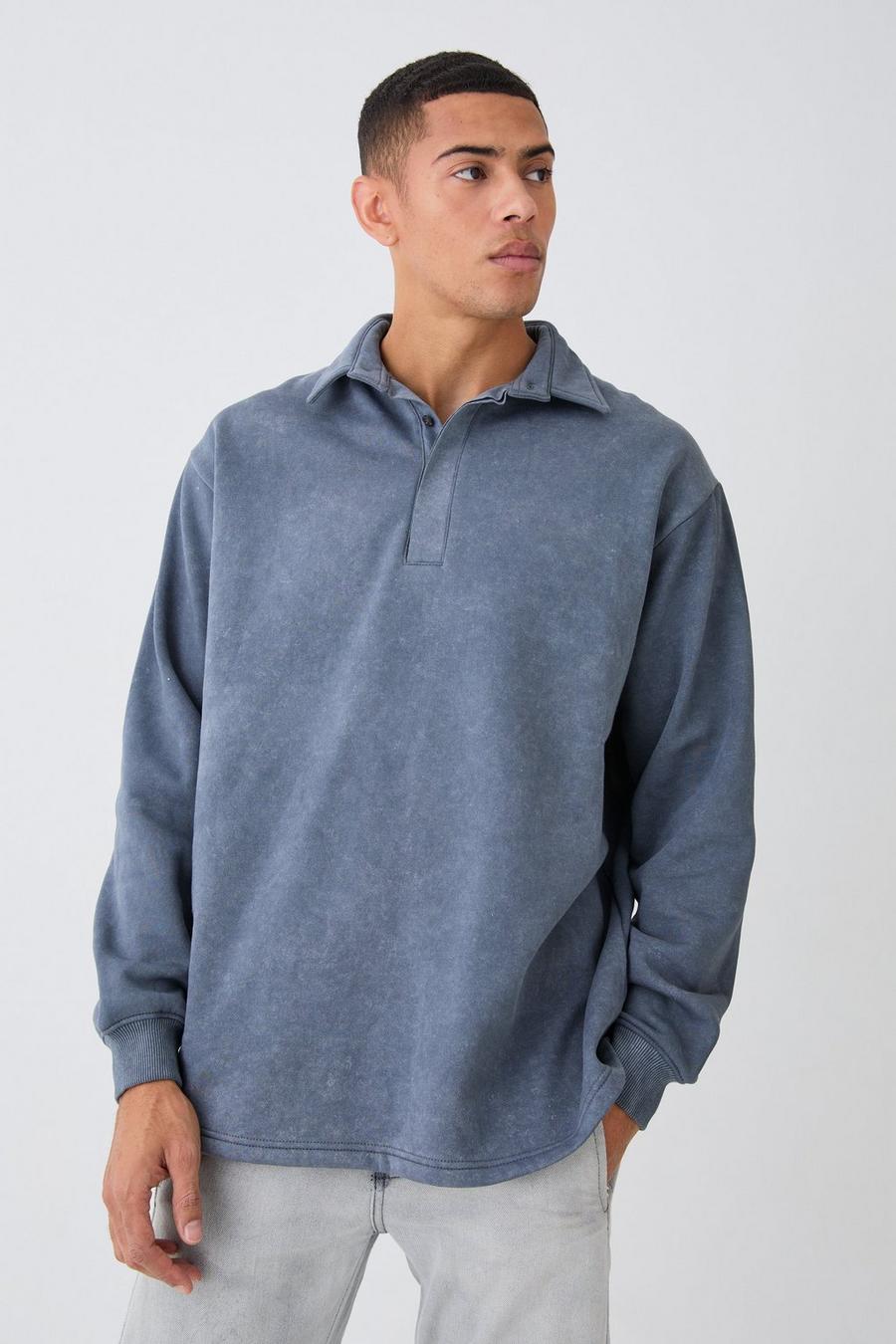 Oversize Rugby Sweatshirt-Poloshirt, Charcoal image number 1
