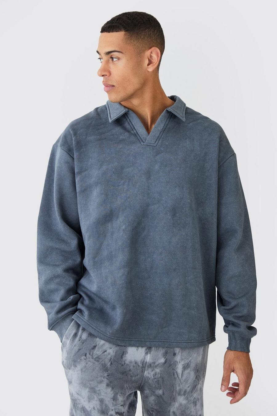 Charcoal grey Oversized Washed Revere Rugby Sweatshirt Polo 
