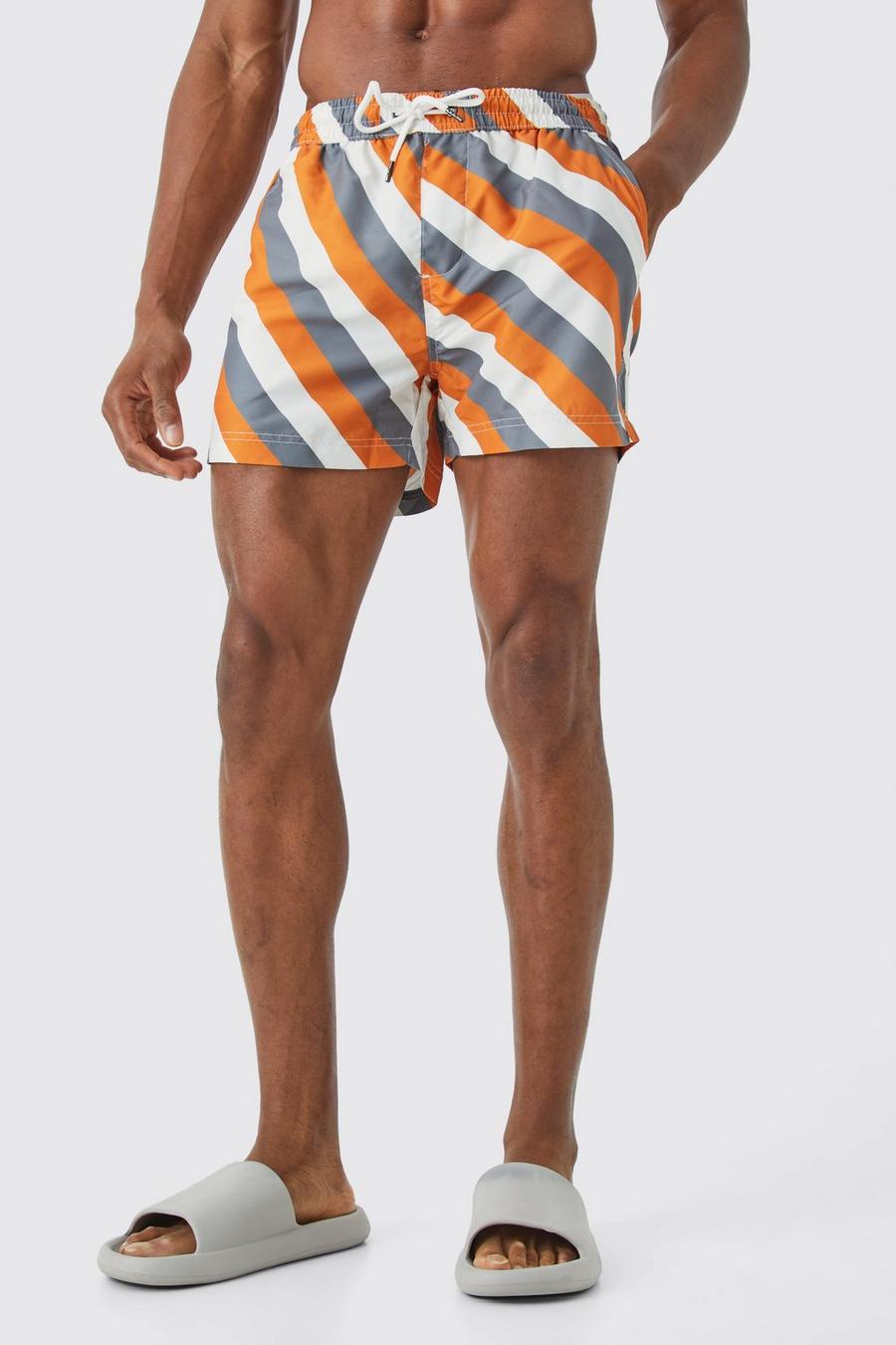Orange Mid Length Stripe Swim Short