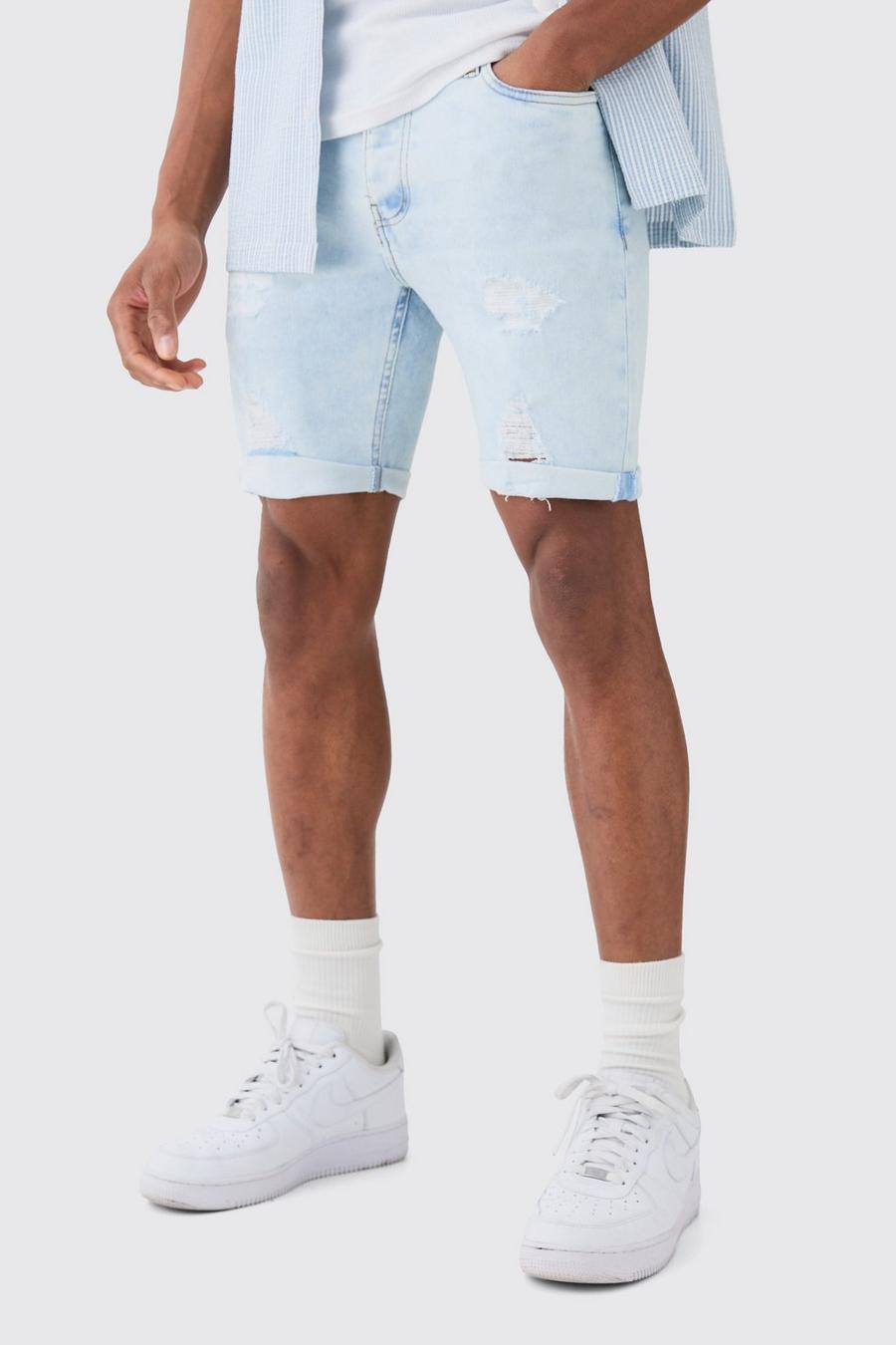 Zerrissene Skinny Stretch Jeansshorts in Ice Blue image number 1