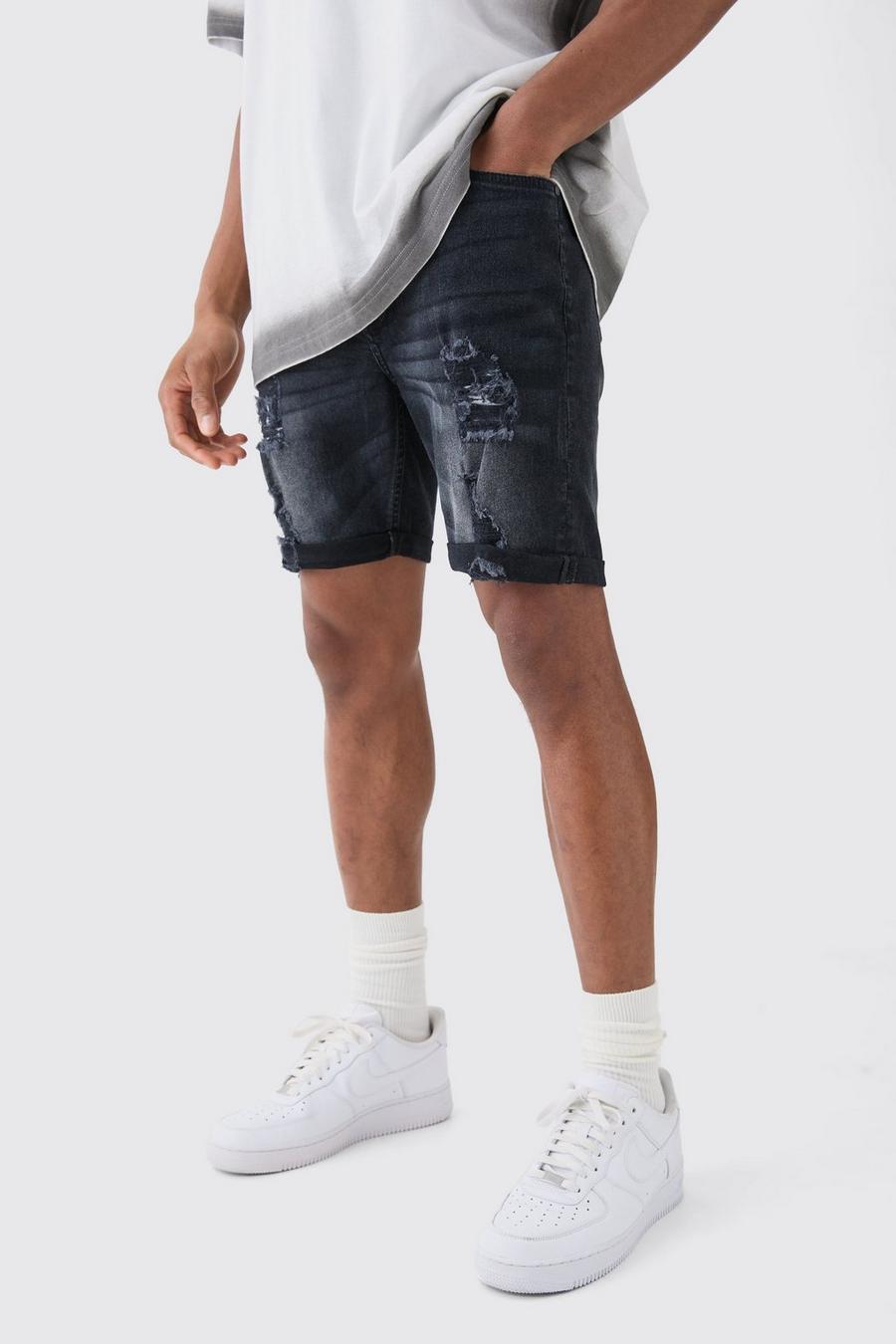 Washed black Versleten Stretch Skinny Fit Denim Shorts In Zwart image number 1