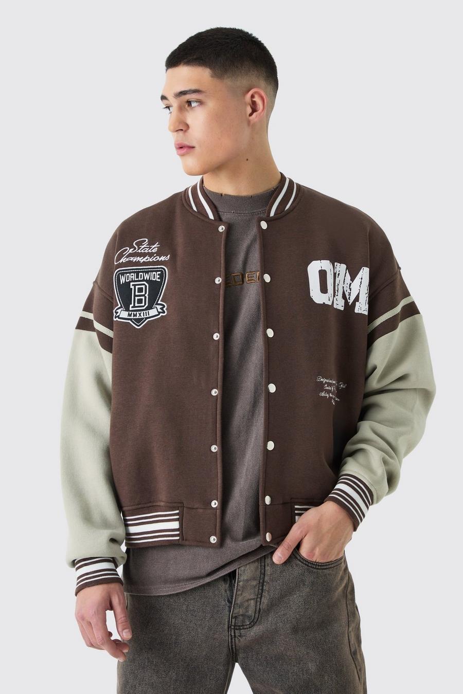 Brown Boxy Embroidered Jersey Varsity Jacket image number 1