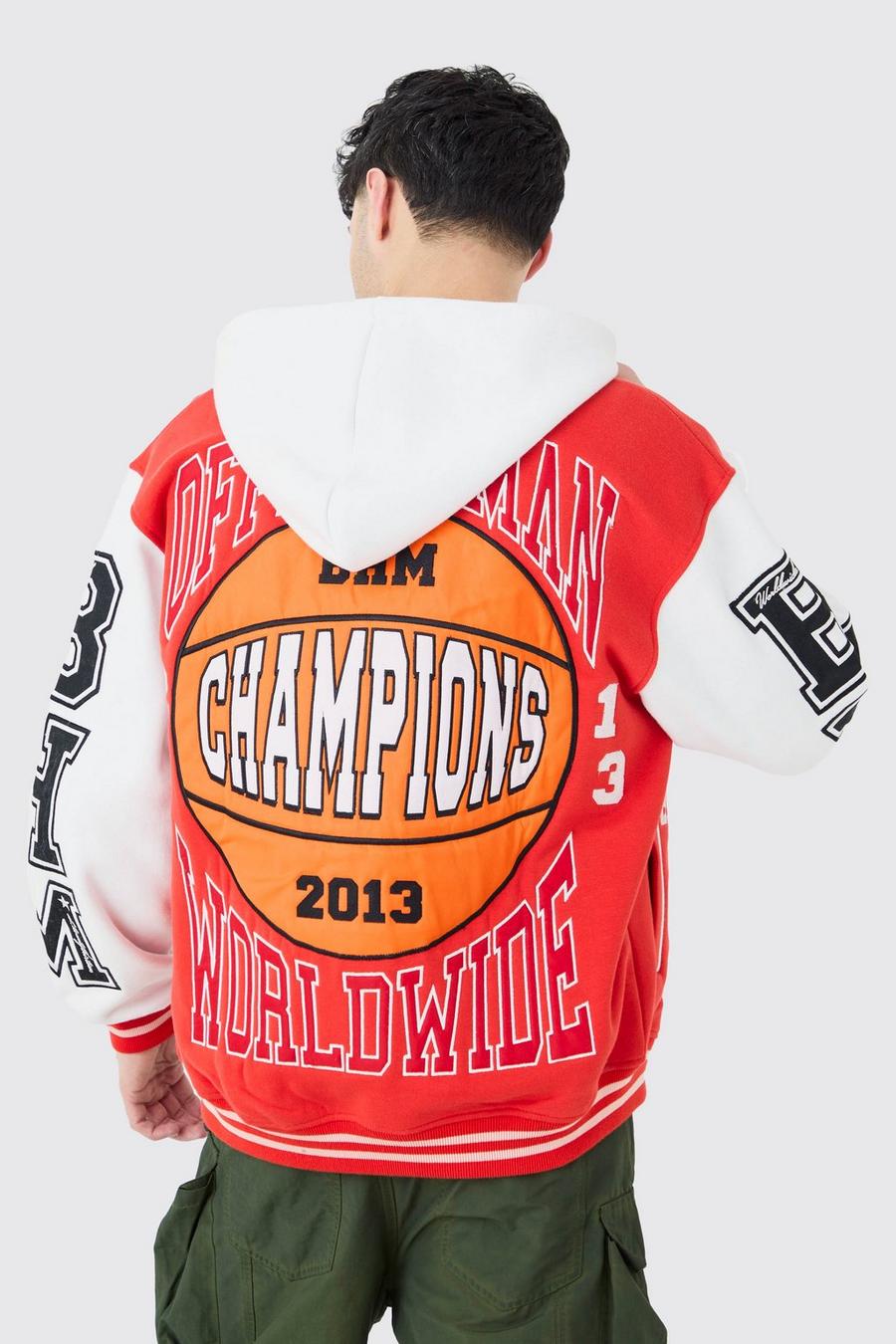 Chaqueta oversize universitaria de tela jersey con aplique de baloncesto, Red image number 1