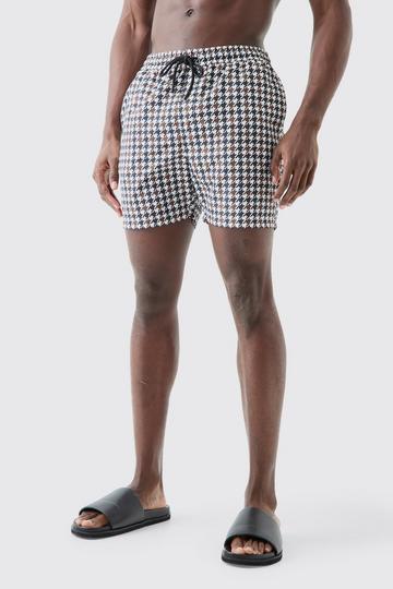 Brown Mid Length Dogstooth Swim Short