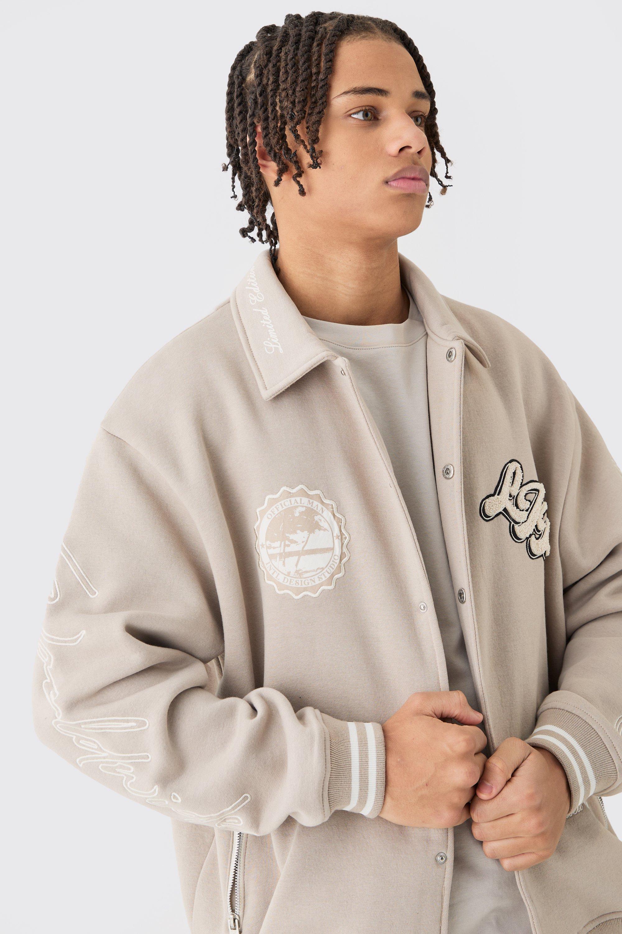 Oversized Embroidered Harrington Jersey Bomber Jacket boohoo UK