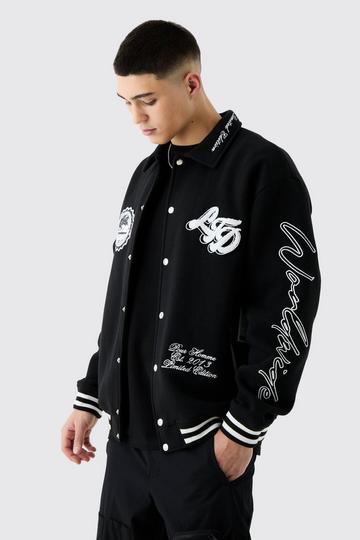 Oversized Embroidered Harrington Jersey Knit Bomber Jacket black