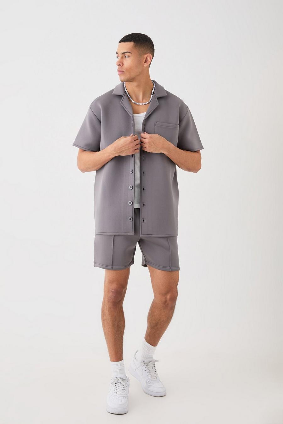 Charcoal Oversized Scuba Overhemd En Shorts Set image number 1