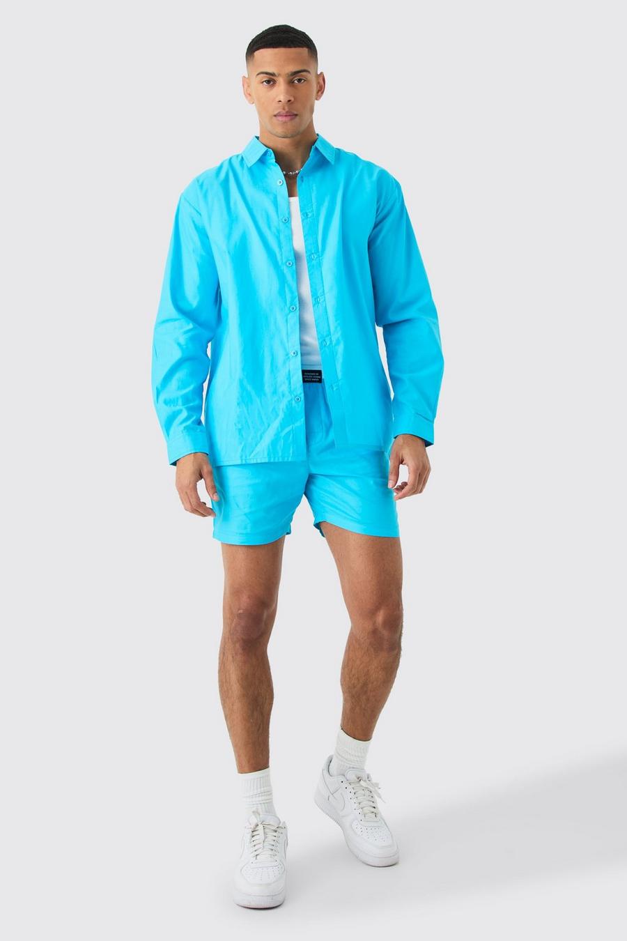 Blue Oversize shorts i poplin med midjeband