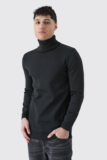 Black Muscle Roll Neck Jumper